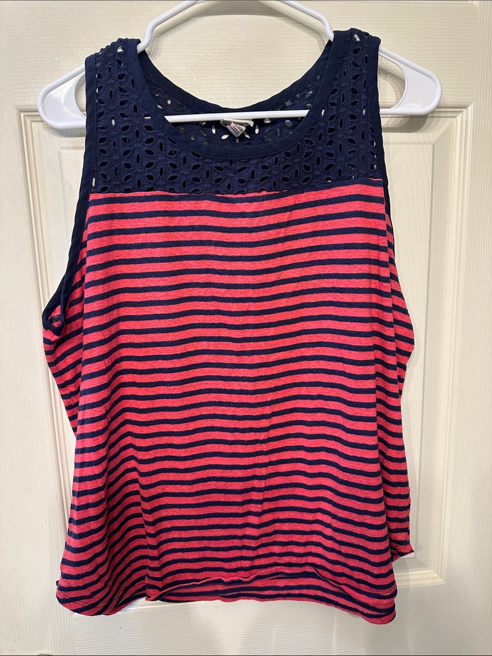 Merona Pink & Navy Striped Tank with Eyelet Lace Yoke
